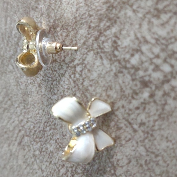 3/$20 Cream with Gold Tone Ribbon Bow Tie Enamel and CZ Stud Pierced Earrings - Picture 7 of 11